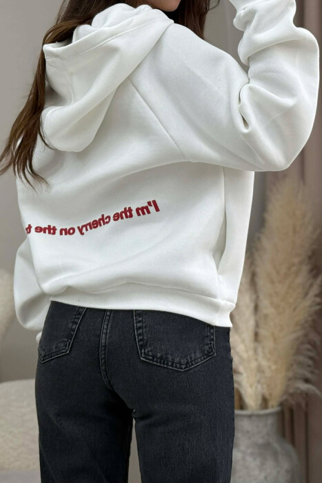 HOODIE ME PUSH NJE NGJYRESHE ME LOGO QERSHI PER FEMRA NE NGJYRE TE BARDHE - 3