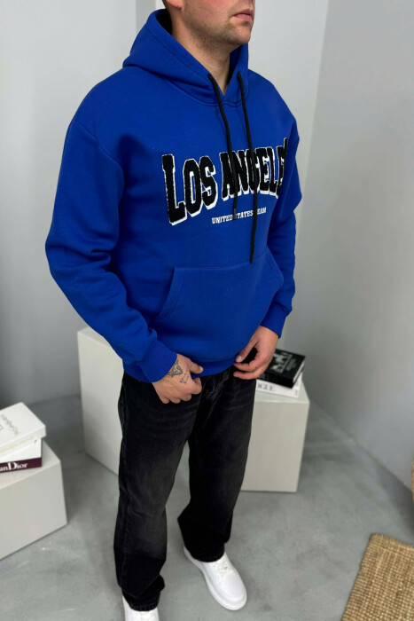 HOODIE ME PUSH NJËNGJYRËSHE DHE ME SHKRIM PARA PËR MESHKUJ NË NGJYRE BLU - 2