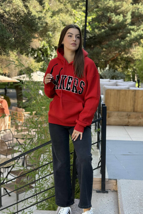 HOODIE ME PUSH NJËNGJYRËSHE DHE ME SHKRIM PARA PËR FEMRA NË NGJYRËN E KUQE - 3