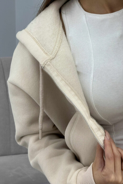 HOODIE ME ZINXHIR DHE ME PUSH NJË NGJYRËSHE PËR FEMRA NË NGJYRËN KREM - 4