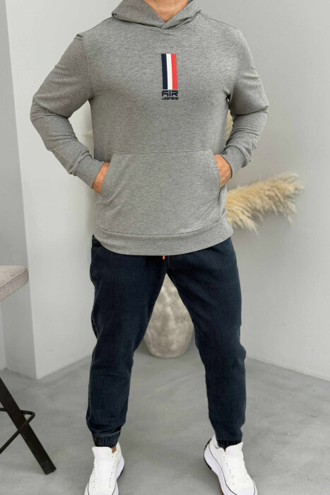 HOODIE NJË NGJYRËSHE ME LOGO NË PJESËN PARA PËR MESHKUJ NË NGJYRË GRI - 1