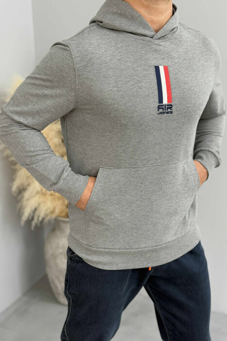 HOODIE NJË NGJYRËSHE ME LOGO NË PJESËN PARA PËR MESHKUJ NË NGJYRË GRI - 2