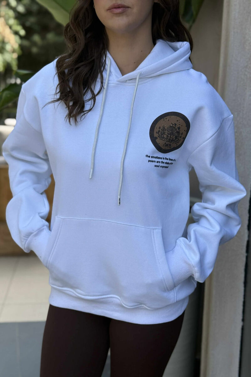 HOODIE NJË NGJYRËSHE ME PUSH DHE DIZAJN NË PJESËN E PASME PËR FEMRA NË NGJYRË TË BARDHË - 4