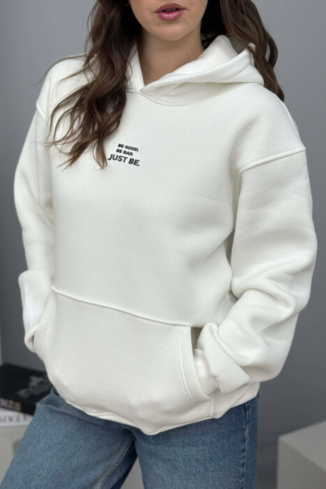 HOODIE NJE NGJYRSHE ME PUSH DHE ME SHKRIM NE PJESEN PARA PER FEMRA NE NGJYRE KREM - 3