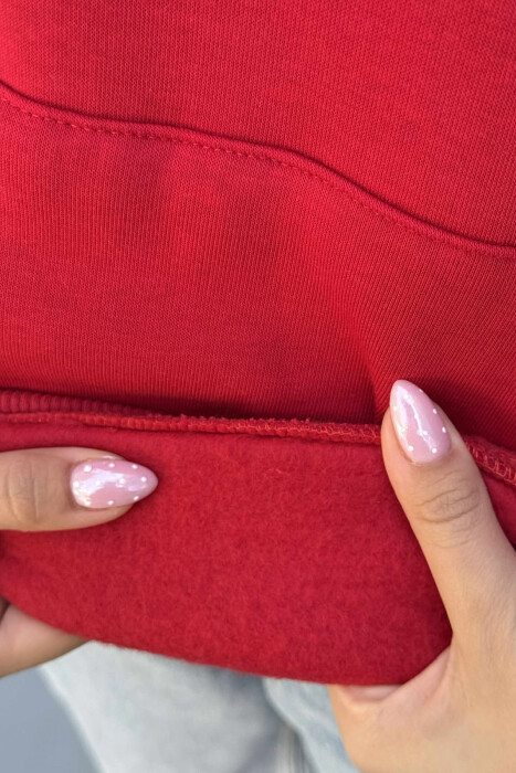 HOODIE NJË NGJYRËSHE ME PUSH DHE ME SHKRIM PARA PËR FEMRA NË NGJYRË TË KUQE - 4