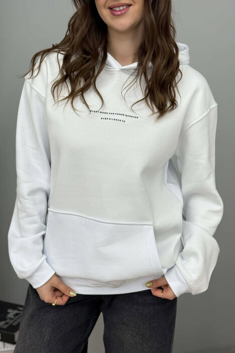 HOODIE NJE NGJYRESHE ME PUSH DHE ME SHKRIM TE THJESHTE NE PJESEN PARA PER FEMRA NE NGJYRE TE BARDHE - 3