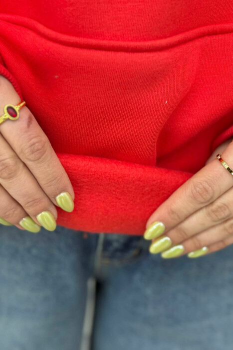 HOODIE NJE NGJYRESHE ME PUSH DHE ME SHKRIM NE PJESEN E PASME PER FEMRA NE NGJYRE TE KUQE - 4