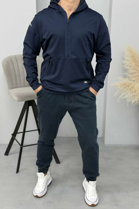 HOODIE NJËNGJYRËSHE ME JAKË ME ZINXHIR PËR MESHKUJ NË NGJYRËN BLU TË ERRËT - 1