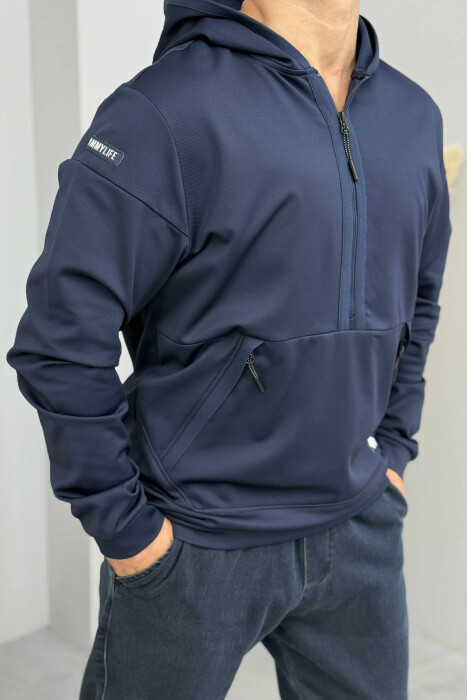 HOODIE NJËNGJYRËSHE ME JAKË ME ZINXHIR PËR MESHKUJ NË NGJYRËN BLU TË ERRËT - 4