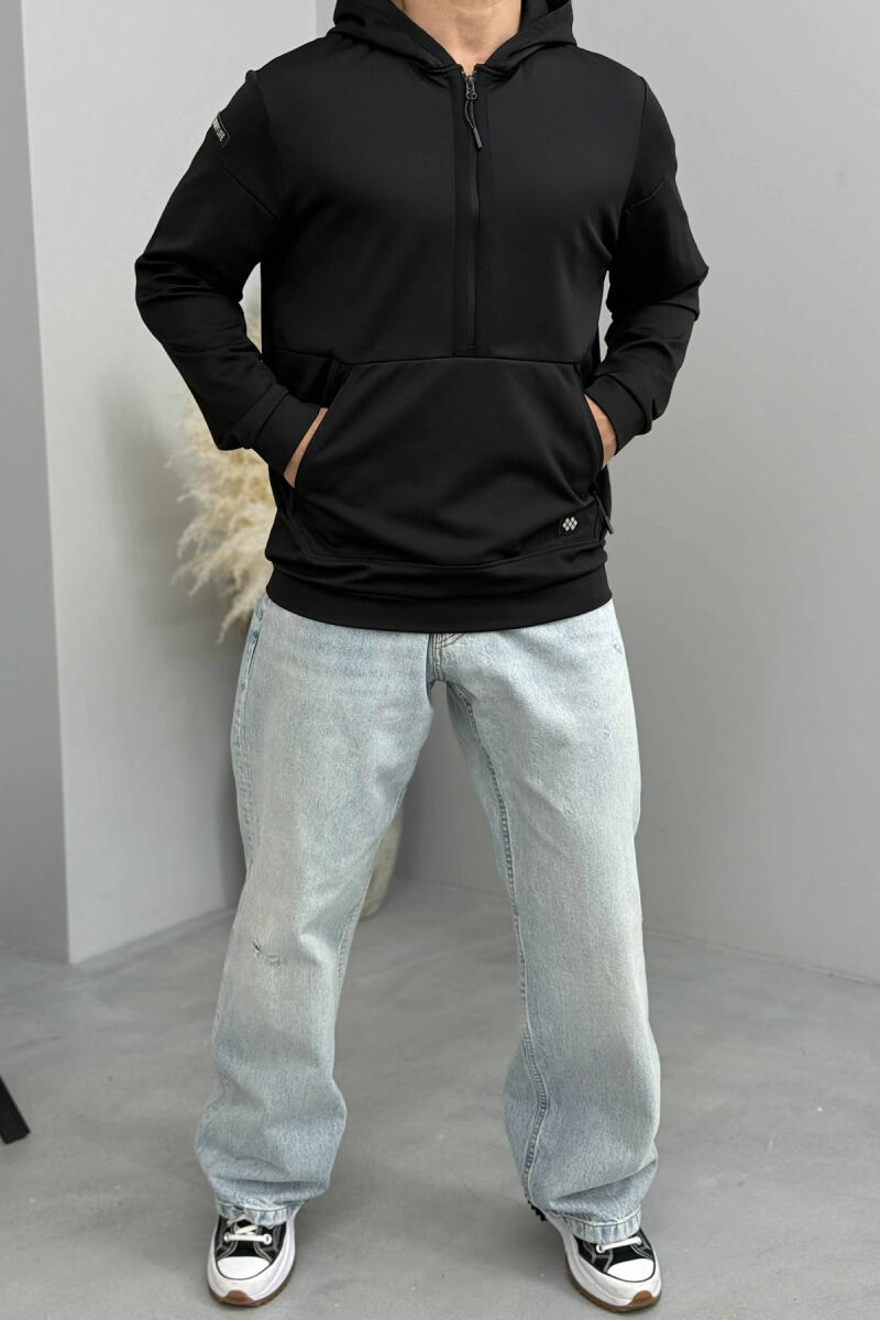 HOODIE NJËNGJYRËSHE ME JAKË ME ZINXHIR PËR MESHKUJ NË NGJYRËN E ZEZË - 1