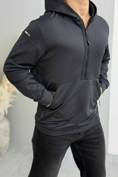 HOODIE NJËNGJYRËSHE ME JAKË ME ZINXHIR PËR MESHKUJ NË NGJYRËN GRI TË ERRËT - 3