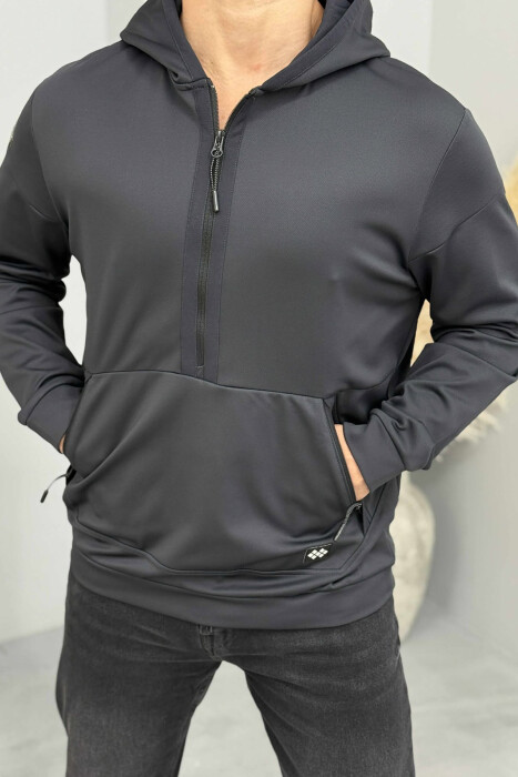 HOODIE NJËNGJYRËSHE ME JAKË ME ZINXHIR PËR MESHKUJ NË NGJYRËN GRI TË ERRËT - 4