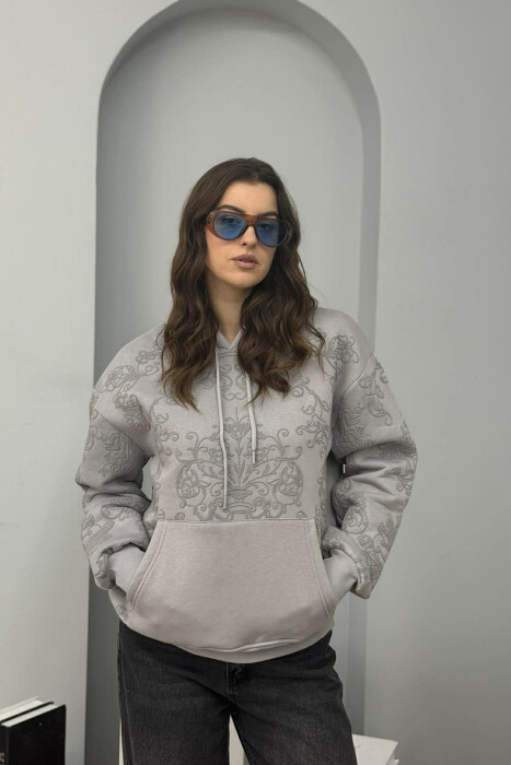 HOODIE NJENGJJYRESHE ME PUSH DHE DIZAJN LULESH PER FEMRA NË NGJYREN GRI - 1