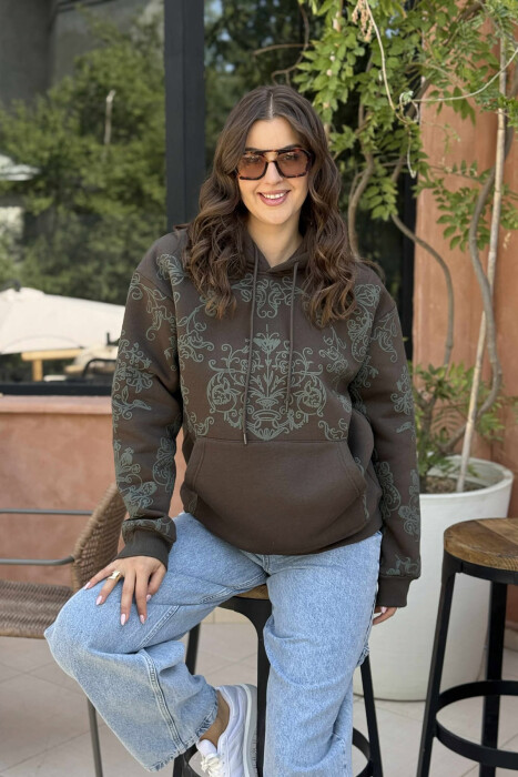 HOODIE NJËNGJJYRËSHE ME PUSH DHE DIZENJO LULESH PËR FEMRA NË NGJYRË JESHILE TË ERRËT - 1