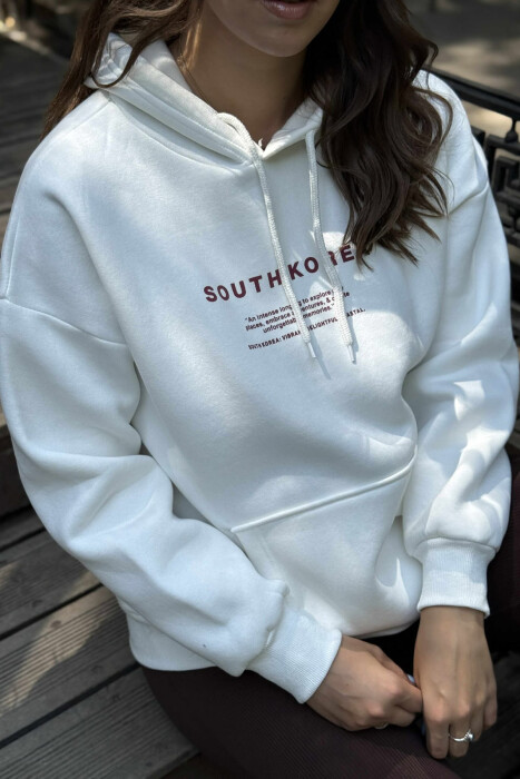 HOODIE NJËNGJYRËSHE ME PUSH DHE ME SHKRIME TË THJESHTA PËR FEMRA NË NGJYRËN E BARDHË - 4