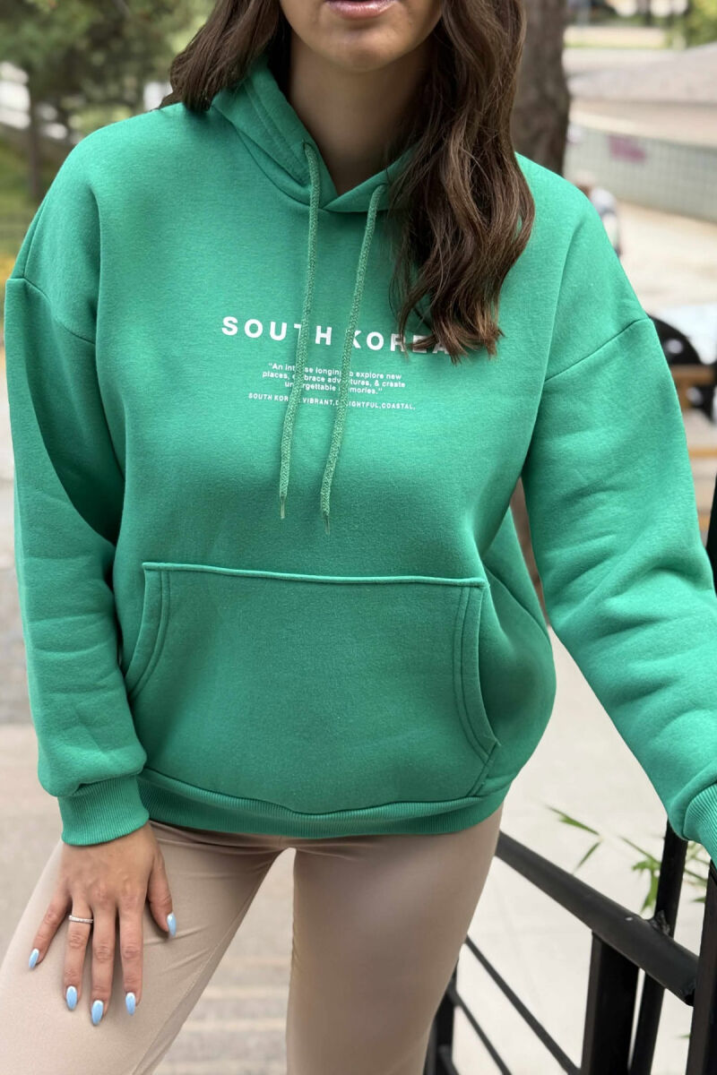 HOODIE NJËNGJYRËSHE ME PUSH DHE ME SHKRIME TË THJESHTA PËR FEMRA NË NGJYRËN JESHILE - 4