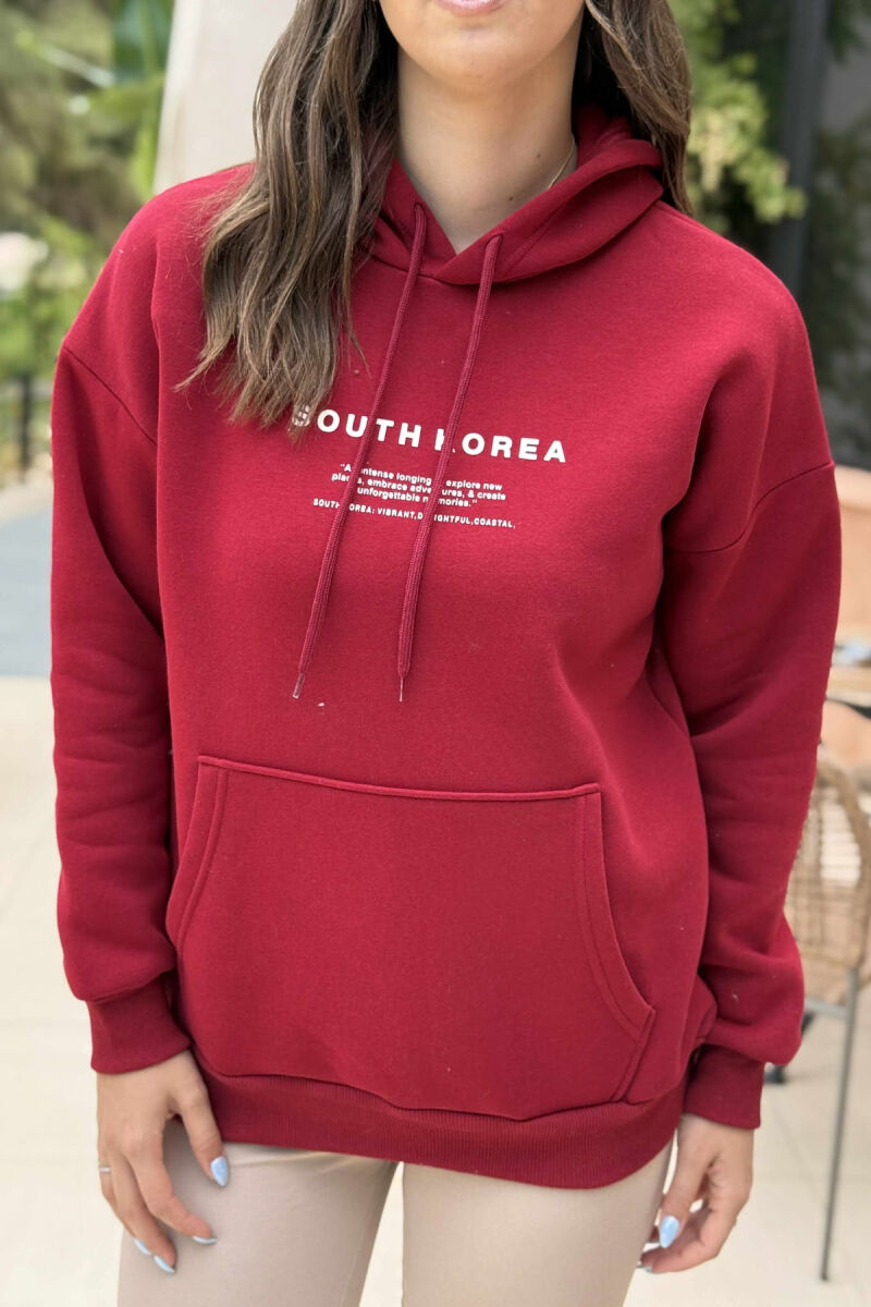 HOODIE NJËNGJYRËSHE ME PUSH DHE ME SHKRIME TË THJESHTA PËR FEMRA NË NGJYRËN VISHNJË - 3