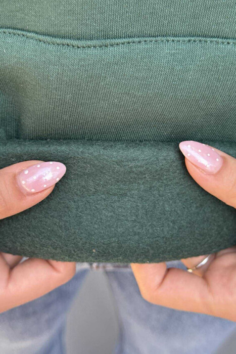 HOODIE NJËNGJYRËSHE ME PUSH DHE SHKRIM PËR FEMRA NË NGJYRËN JESHILE - 5