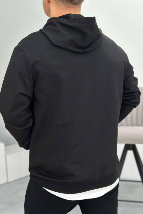 HOODIE PAMBUKU NJË NGJYRËSHE PËR MESHKUJ NË NGJYRËN E ZEZË - 4