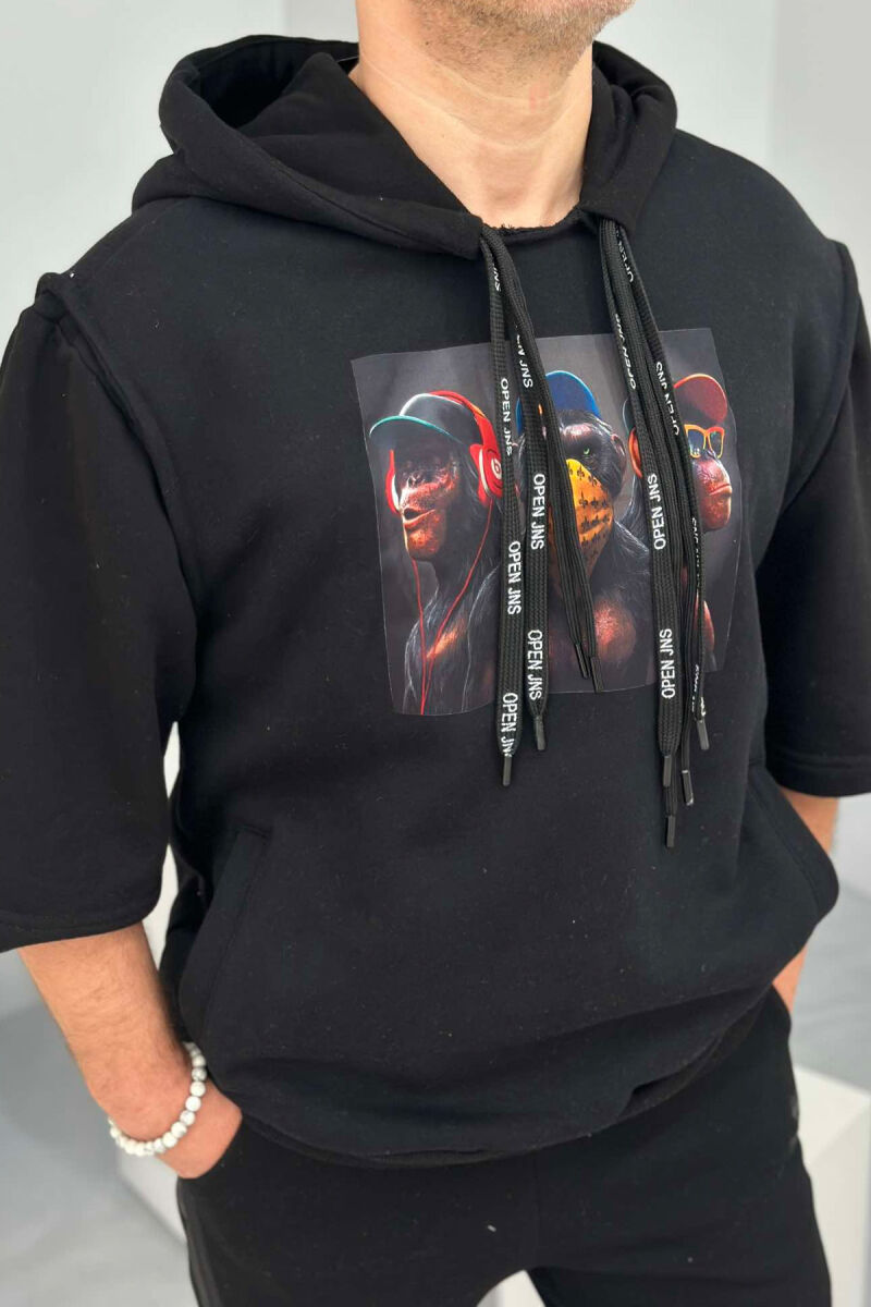 HOODIE PËR MESHKUJ ME DIZENJON E TRE MAJMUNËVE NË NGJYRËN E ZEZË - 3