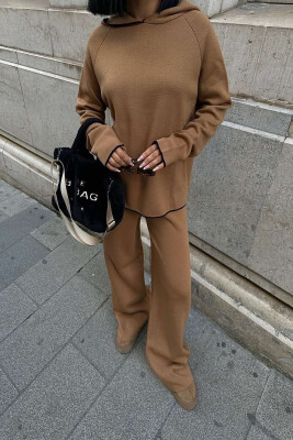 HOODIED SWEATER+PANTS KNIT WOMAN SET BROWN/KAFE 