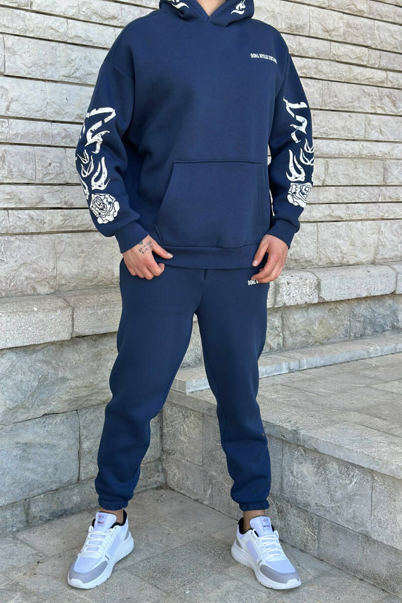 HOODIE+JOGGERS SIMPLE DESIGN FLUFFY MEN SET DARK BLUE/BEE - 1