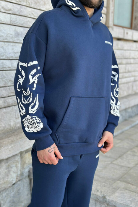 HOODIE+JOGGERS SIMPLE DESIGN FLUFFY MEN SET DARK BLUE/BEE - 3