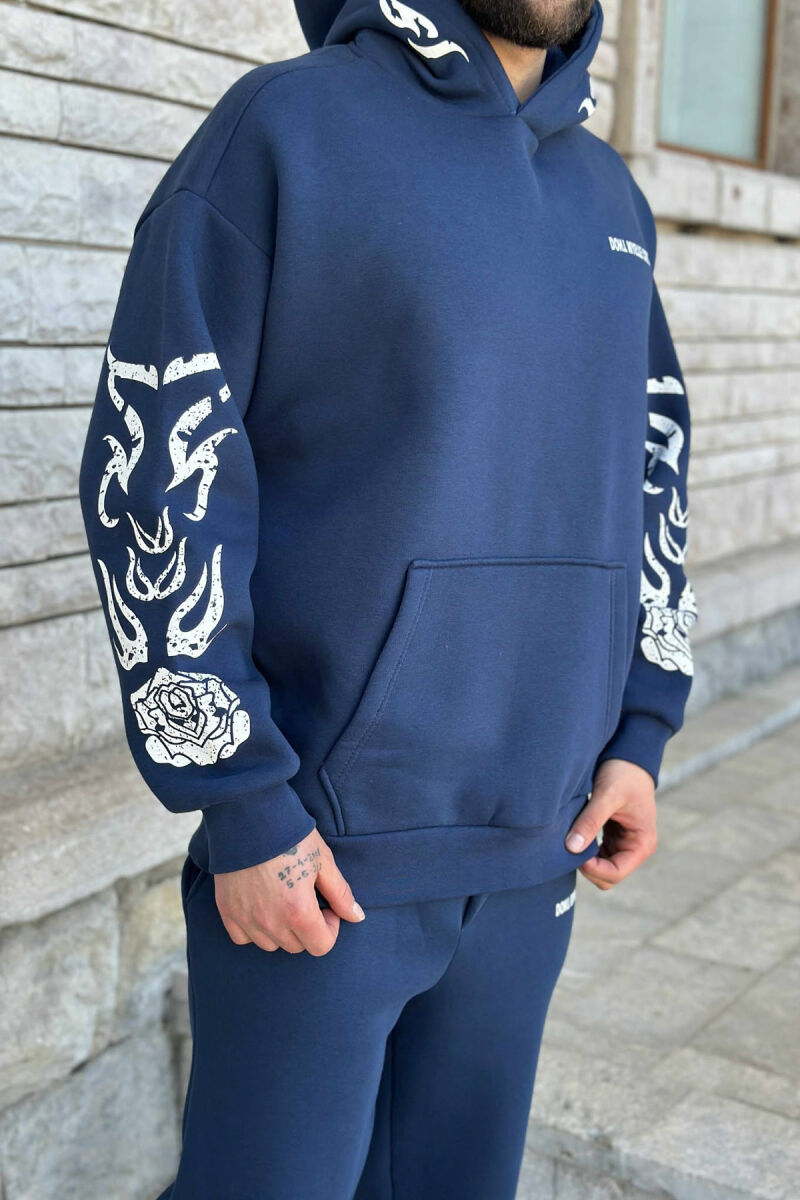HOODIE+JOGGERS SIMPLE DESIGN FLUFFY MEN SET DARK BLUE/BEE - 3