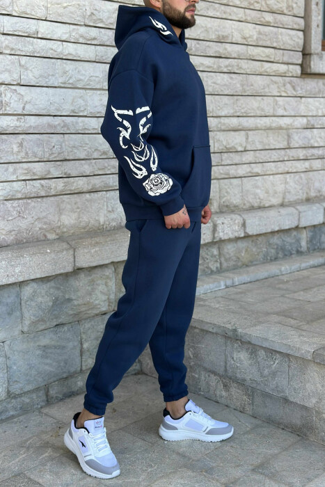 HOODIE+JOGGERS SIMPLE DESIGN FLUFFY MEN SET DARK BLUE/BEE - 5