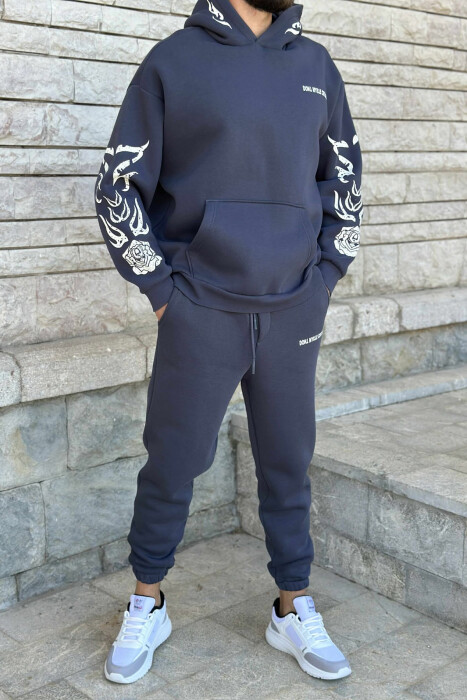 KOSTUM ME PUSH HOODIE+TUTA ME DIZAJN TË THJESHTË PËR MESHKUJ NË NGJYRËN GRI E ERRËT - KLAUDIO FASHION