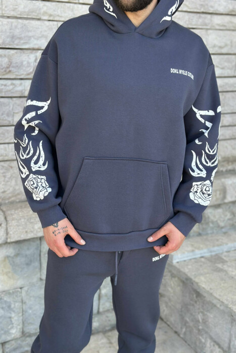 HOODIE+JOGGERS SIMPLE DESIGN FLUFFY MEN SET DARK GREY/GEE - 2