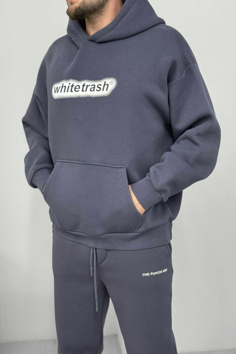 HOODIE+JOGGERS WRITTINGS FLUFFY MEN SET DARK GREY/GEE - 2