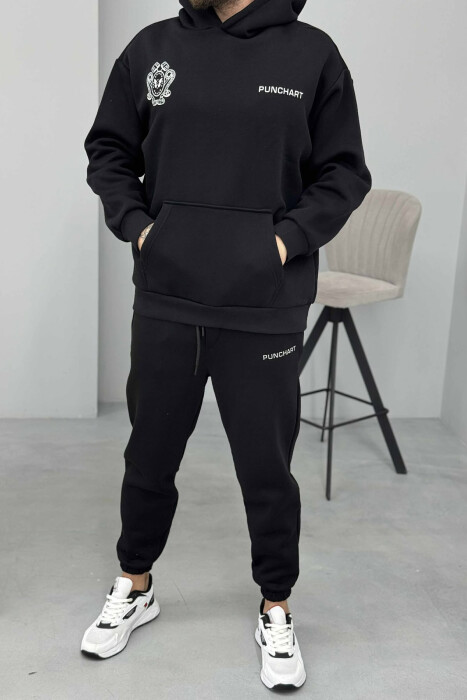 KOSTUM ME DIZJAN HOODIE+TUTA PËR MESHKUJ NË NGJYRË TË ZEZË 