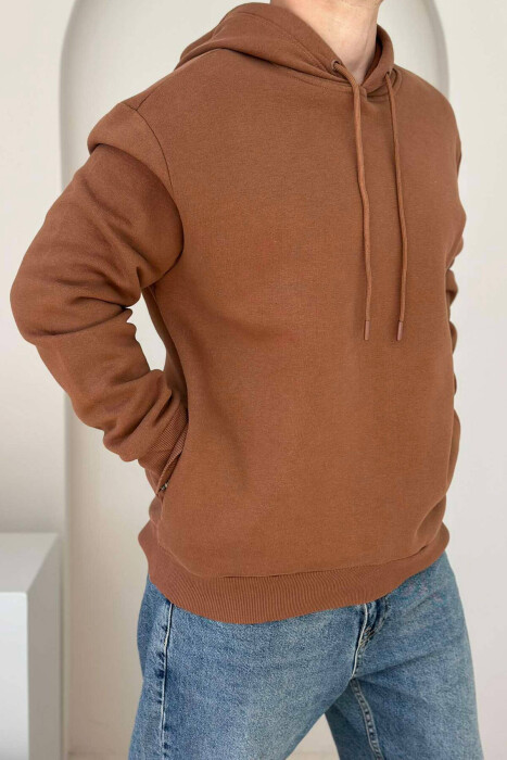 IMAGE IN THE BACK COTTON FLUFFY MEN HOODIE BROWN/KAFE - 3