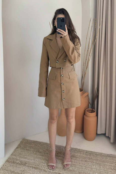 JACKET & SKIRT ONE COLOR WOMEN SET BROWN/KAFE 