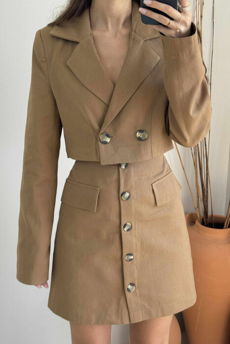 JACKET & SKIRT ONE COLOR WOMEN SET BROWN/KAFE - 3