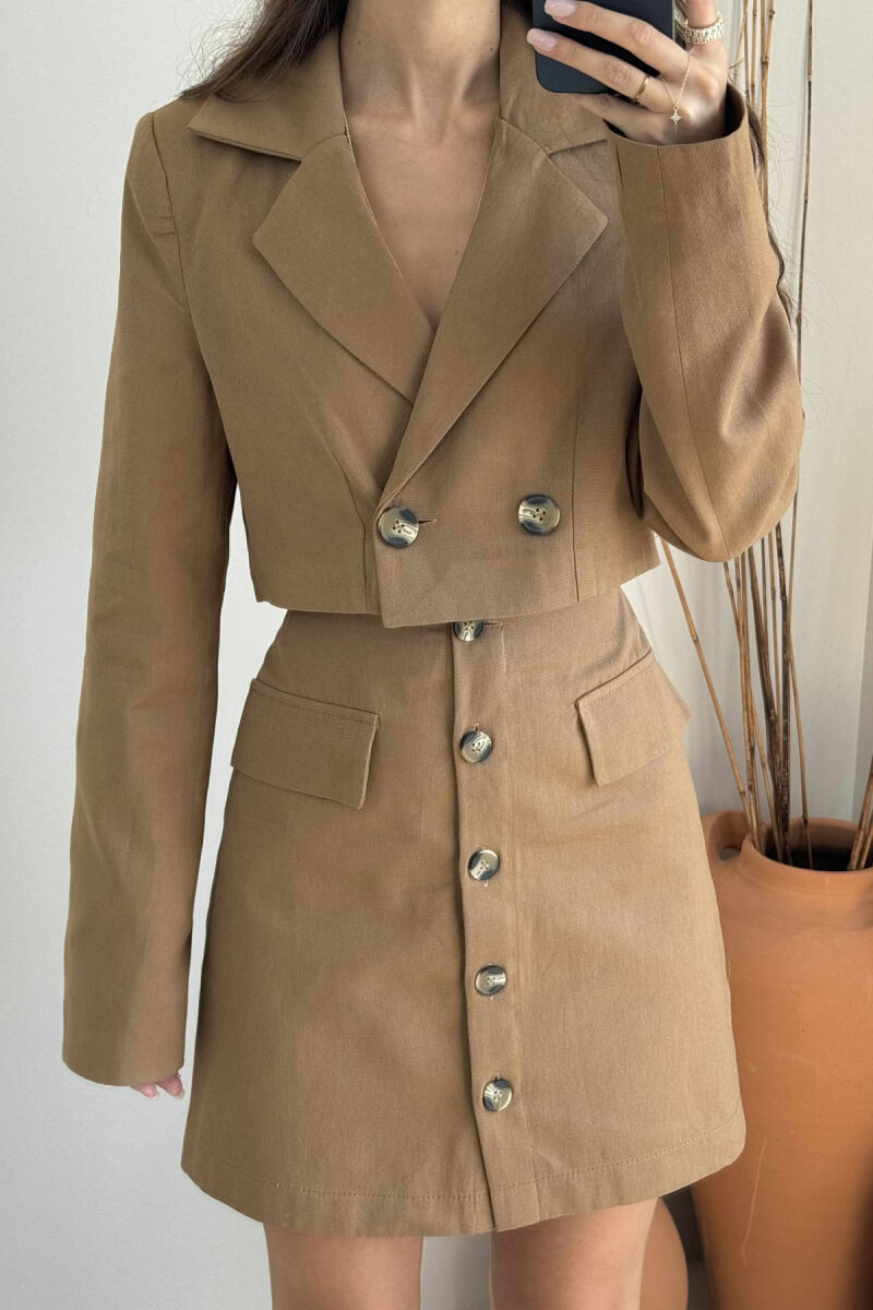 JACKET & SKIRT ONE COLOR WOMEN SET BROWN/KAFE - 3