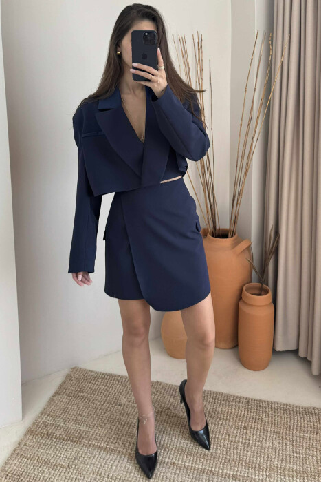 JACKET & SKIRT ONE COLOR WOMEN SET DARK BLUE/BEE - 3