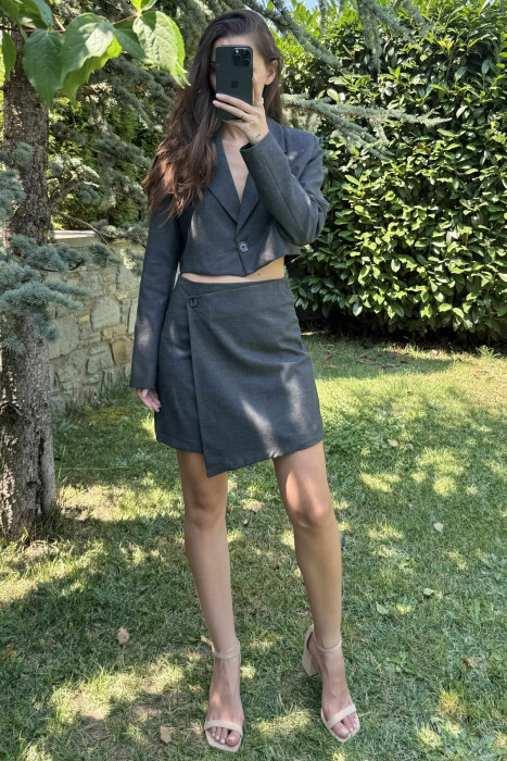 JACKET & SKIRT ONE COLOR WOMEN SET DARK GREY/GEE - 2
