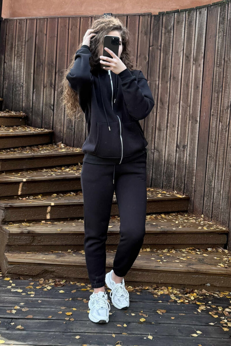 JACKET+JOGGERS ONE COLOR FLUFFY WOMEN SET BLACK/ E ZEZE - 1