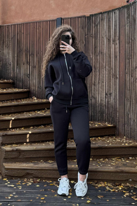 JACKET+JOGGERS ONE COLOR FLUFFY WOMEN SET BLACK/ E ZEZE - 3