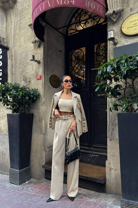 JACKET+TANK TOP+TROUSERS 3 PIECE WOMEN SET BEIGE/BEZHE - 4