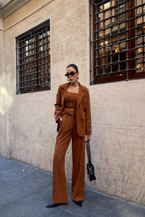 JACKET+TANK TOP+TROUSERS 3 PIECE WOMEN SET BROWN/KAFE 