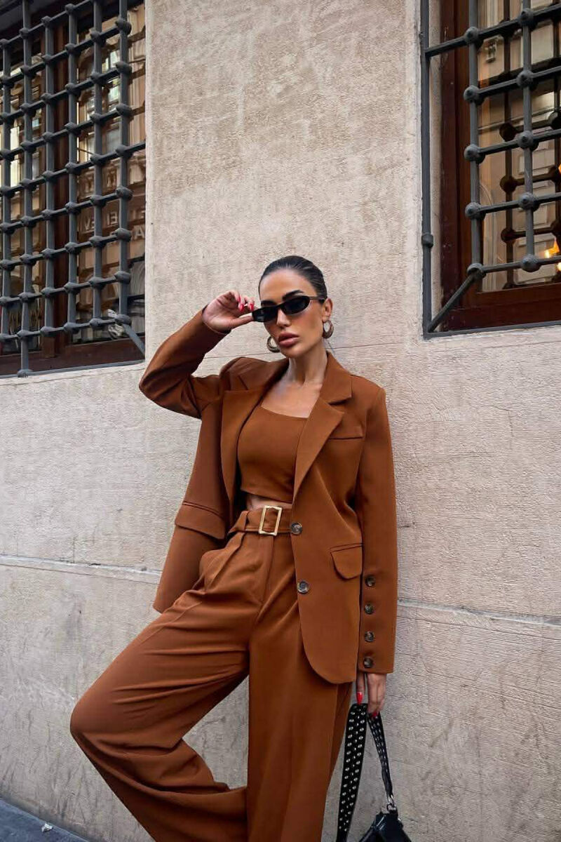 JACKET+TANK TOP+TROUSERS 3 PIECE WOMEN SET BROWN/KAFE - 3