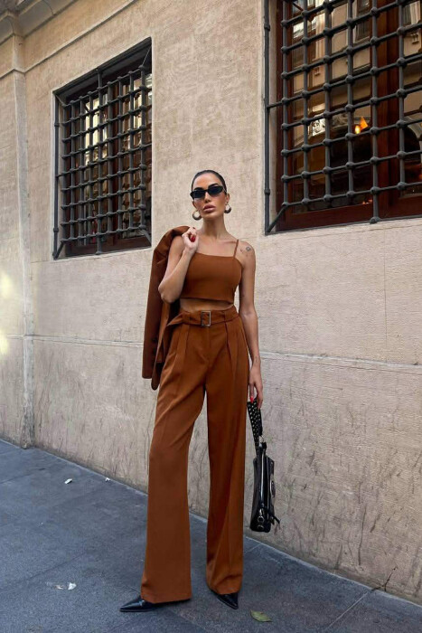 JACKET+TANK TOP+TROUSERS 3 PIECE WOMEN SET BROWN/KAFE - 4