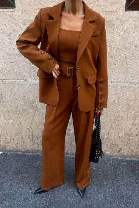JACKET+TANK TOP+TROUSERS 3 PIECE WOMEN SET BROWN/KAFE - 5