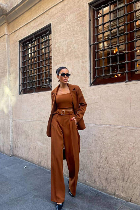 JACKET+TANK TOP+TROUSERS 3 PIECE WOMEN SET BROWN/KAFE - 7