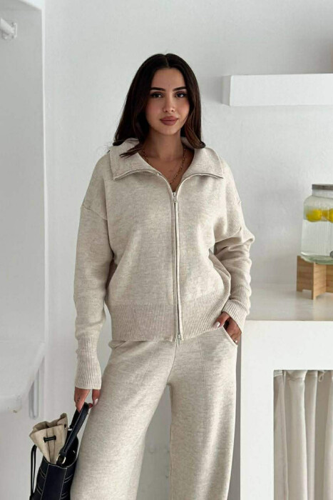 JACKET+TROUSERS SIMPLE KNIT WOMEN SET CREAM/KREM - KLAUDIO FASHION