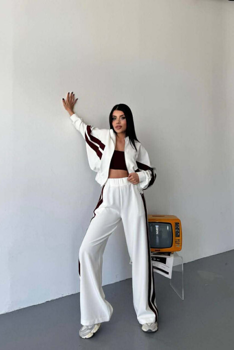 JACKET+TROUSERS SIMPLE STRIPED WOMEN SET WHITE-BURGUNDY/BAVI - 1