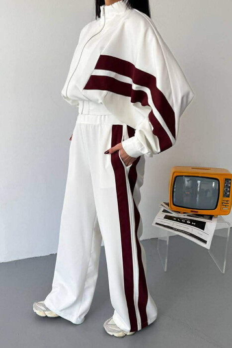 JACKET+TROUSERS SIMPLE STRIPED WOMEN SET WHITE-BURGUNDY/BAVI - 3